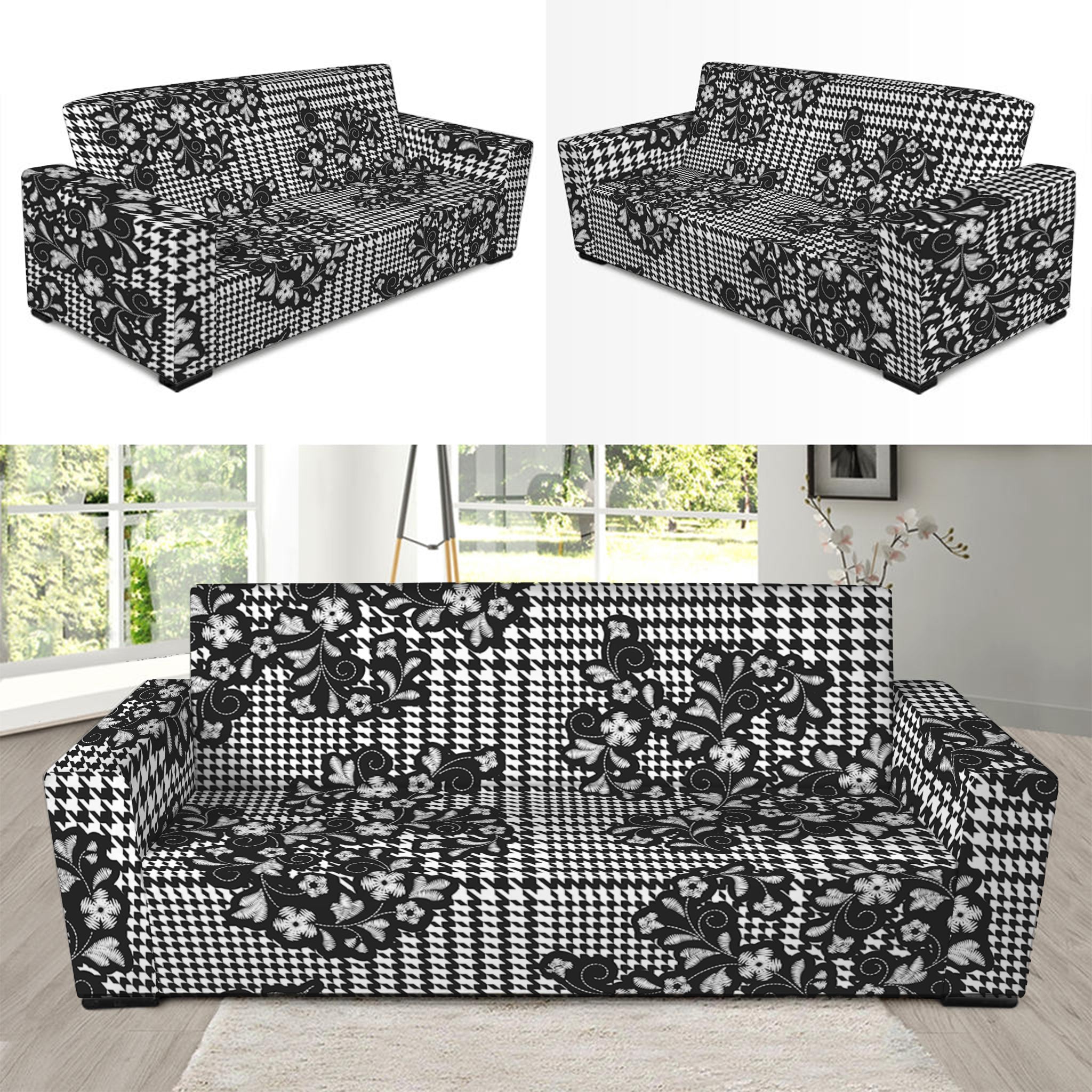 Black And White Floral Glen Plaid Print Sofa Slipcover