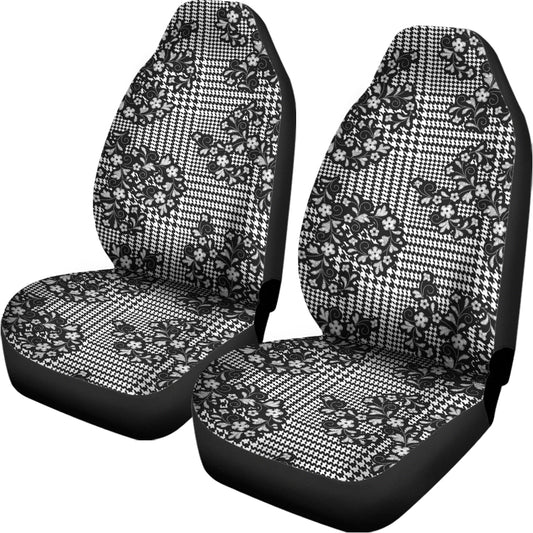 Black And White Floral Glen Plaid Print Universal Fit Car Seat Covers