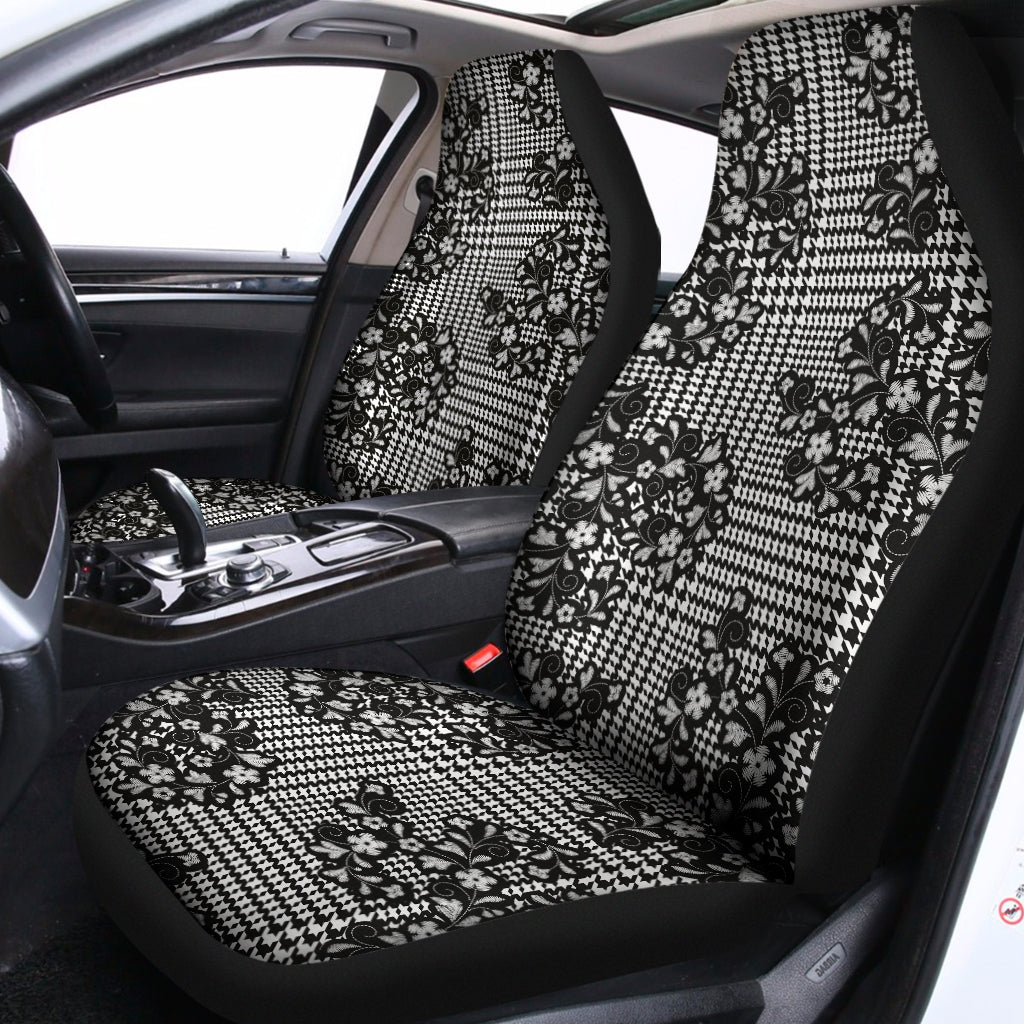 Black And White Floral Glen Plaid Print Universal Fit Car Seat Covers