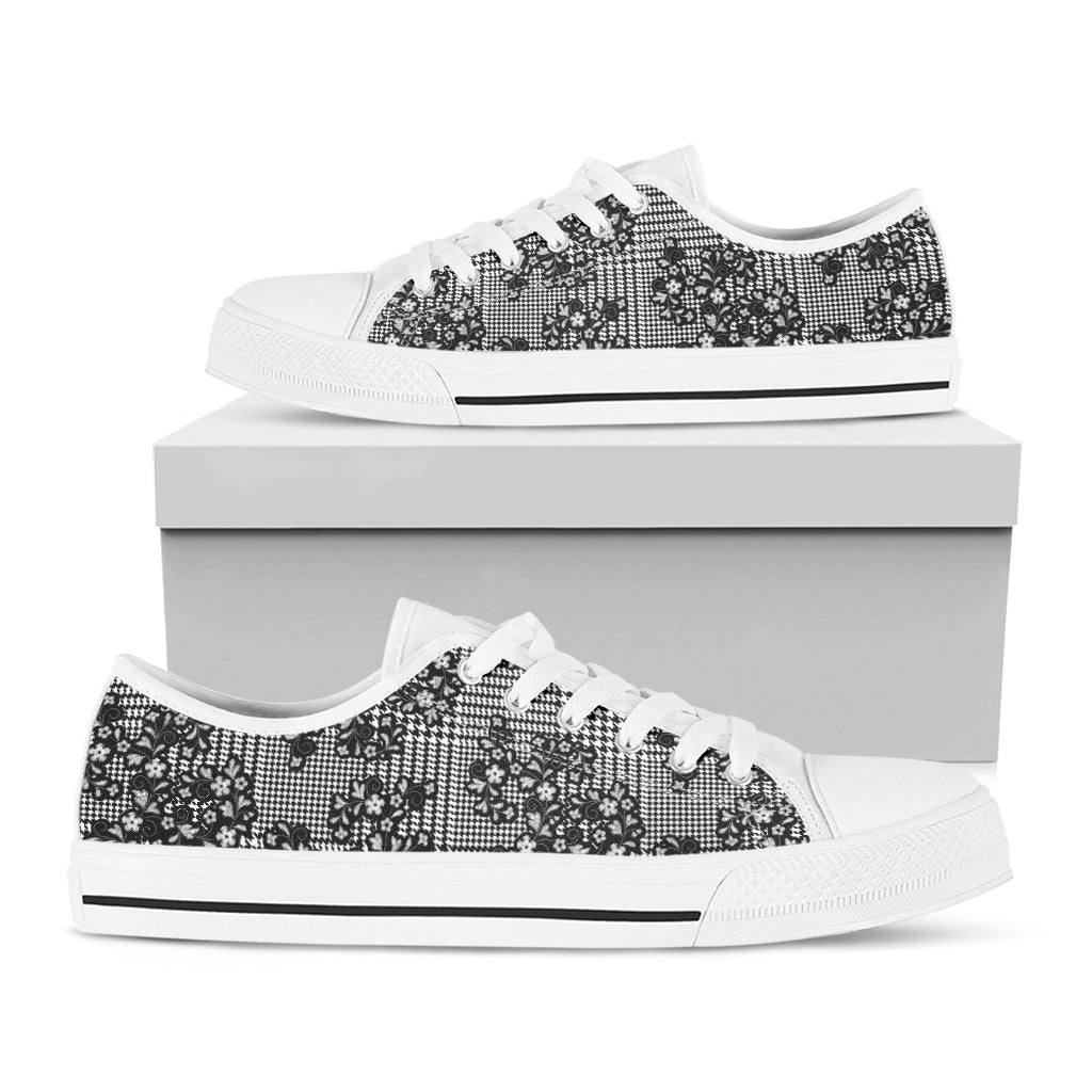 Black And White Floral Glen Plaid Print White Low Top Shoes
