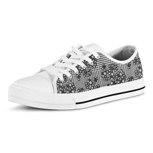 Black And White Floral Glen Plaid Print White Low Top Shoes