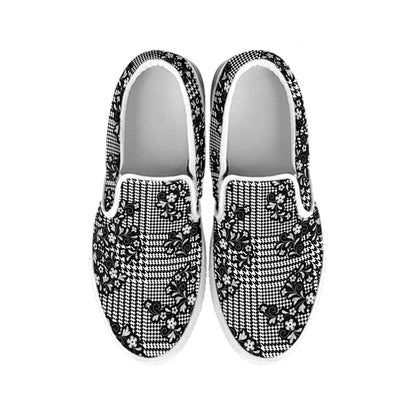 Black And White Floral Glen Plaid Print White Slip On Shoes