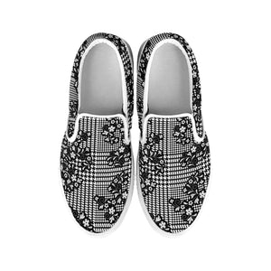 Black And White Floral Glen Plaid Print White Slip On Shoes