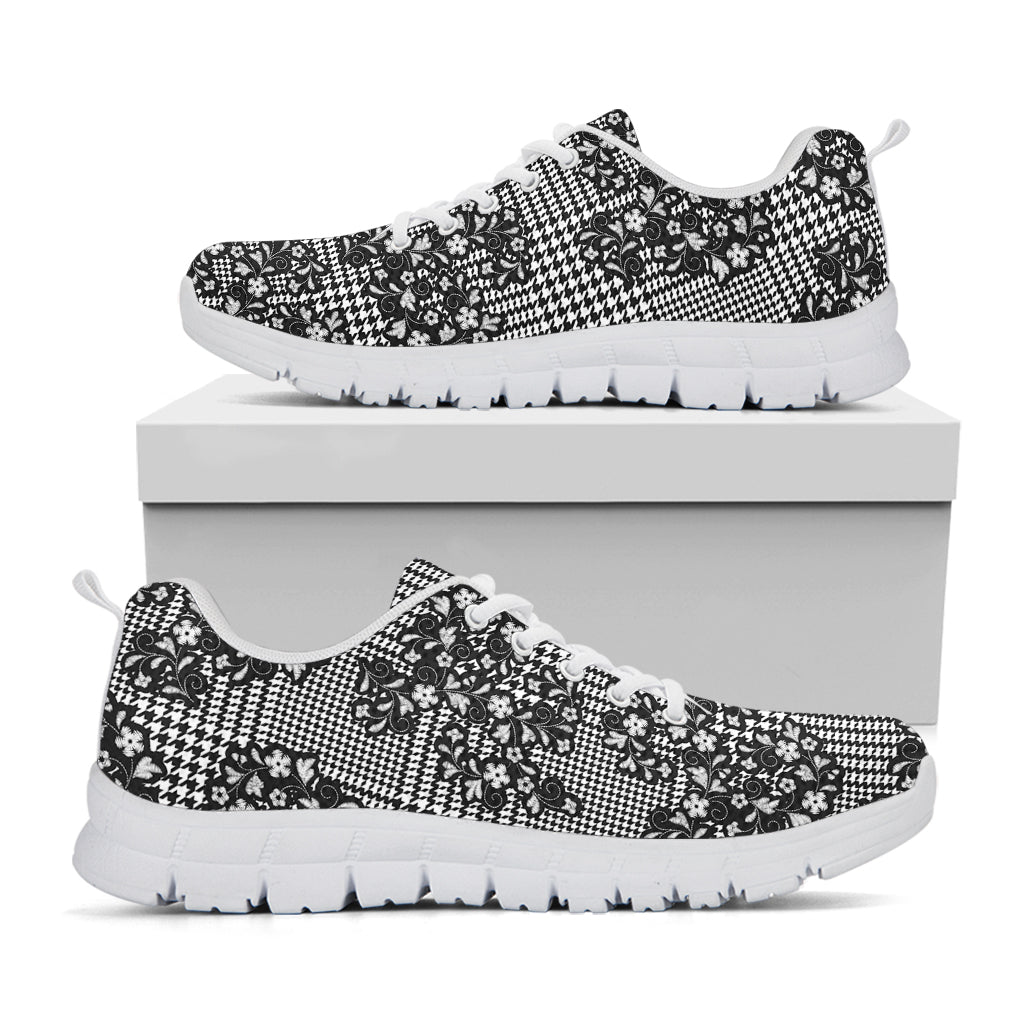 Black And White Floral Glen Plaid Print White Sneakers