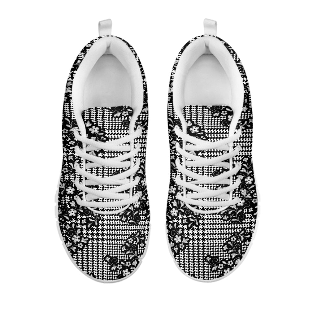 Black And White Floral Glen Plaid Print White Sneakers
