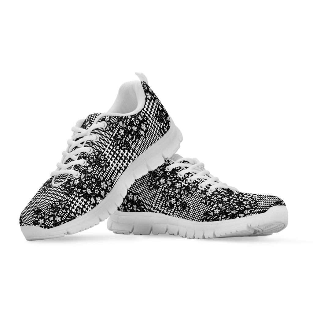 Black And White Floral Glen Plaid Print White Sneakers