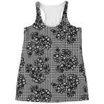 Black And White Floral Glen Plaid Print Women's Racerback Tank Top