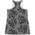Black And White Floral Glen Plaid Print Women's Racerback Tank Top