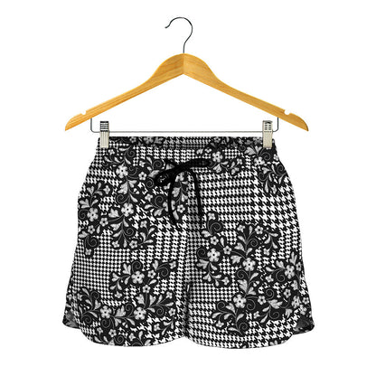 Black And White Floral Glen Plaid Print Women's Shorts