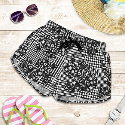 Black And White Floral Glen Plaid Print Women's Shorts