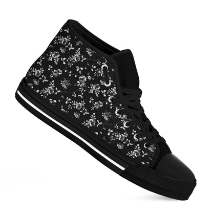 Black And White Flower Print Black High Top Shoes