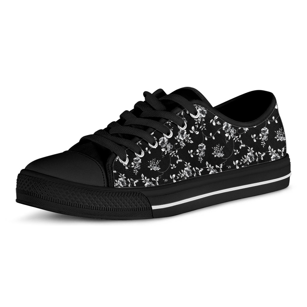 Black And White Flower Print Black Low Top Shoes