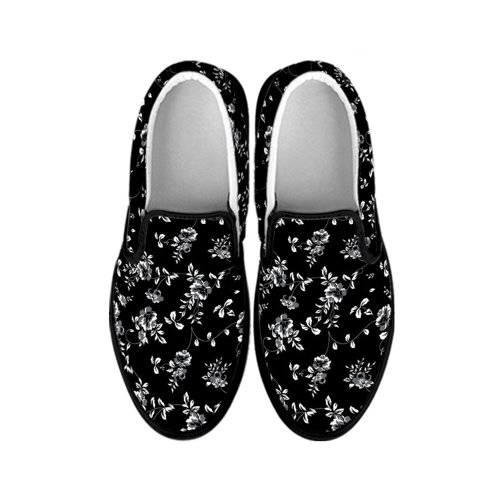 Black And White Flower Print Black Slip On Shoes