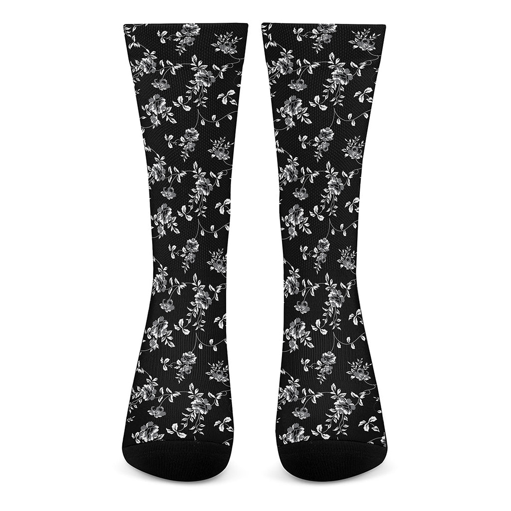 Black And White Flower Print Crew Socks