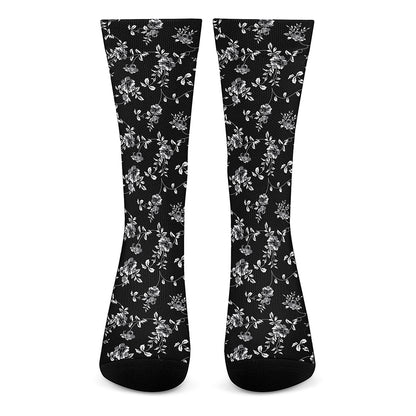 Black And White Flower Print Crew Socks