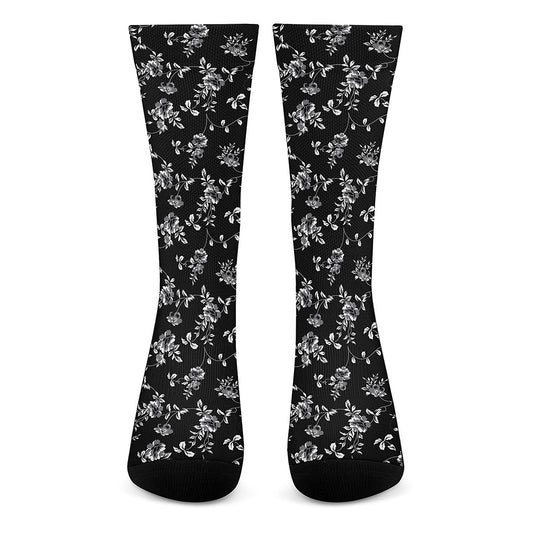 Black And White Flower Print Crew Socks