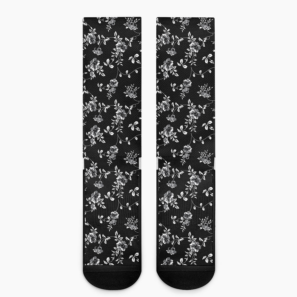 Black And White Flower Print Crew Socks