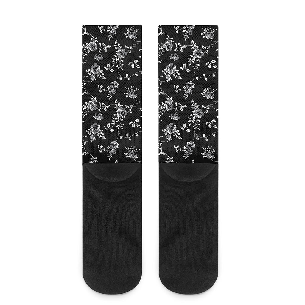 Black And White Flower Print Crew Socks