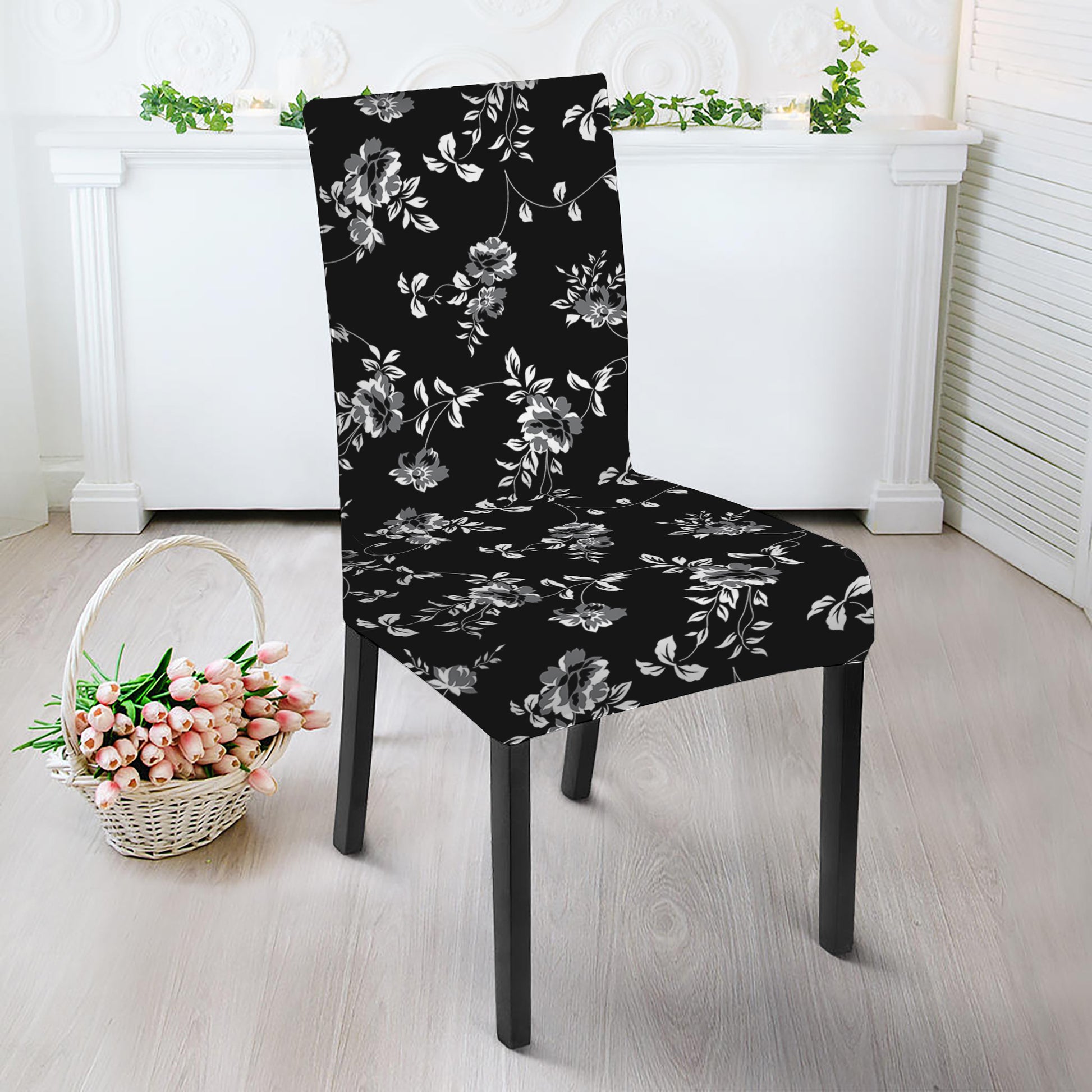 Black And White Flower Print Dining Chair Slipcover