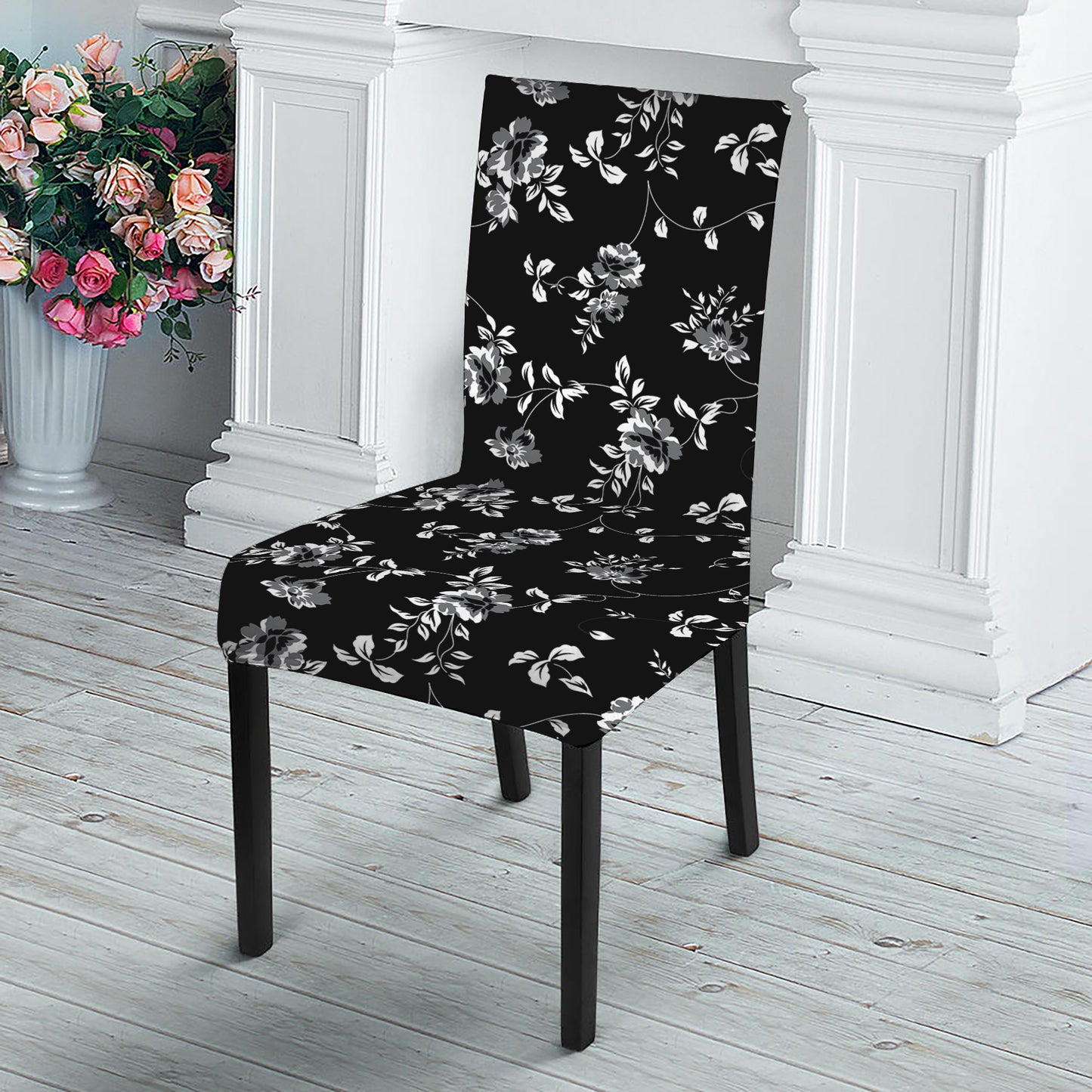 Black And White Flower Print Dining Chair Slipcover