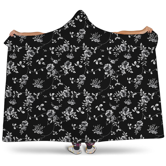 Black And White Flower Print Hooded Blanket