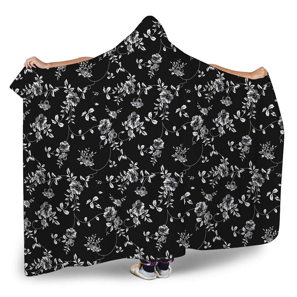 Black And White Flower Print Hooded Blanket