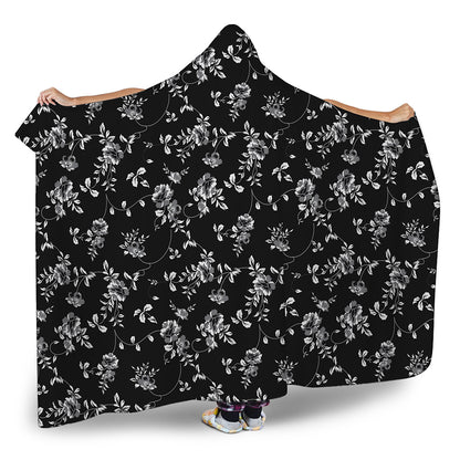 Black And White Flower Print Hooded Blanket