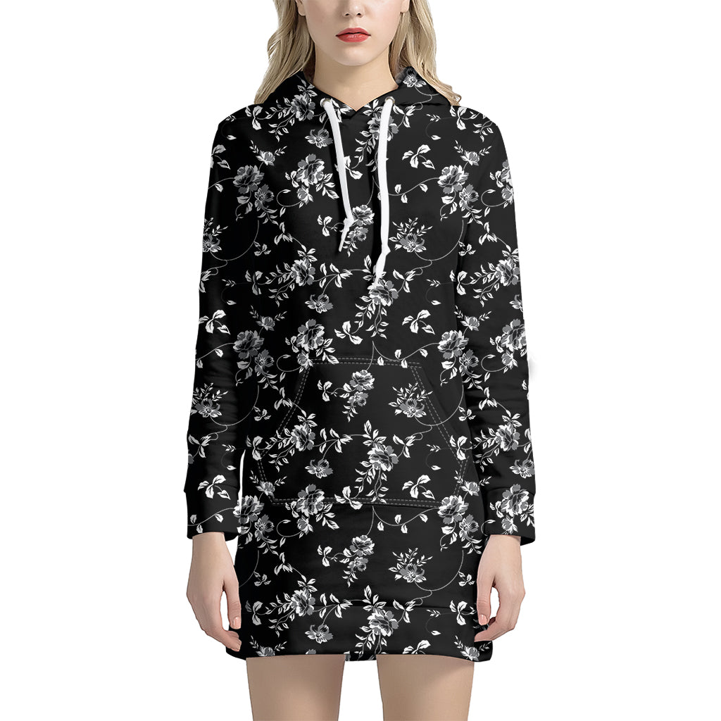 Black And White Flower Print Hoodie Dress