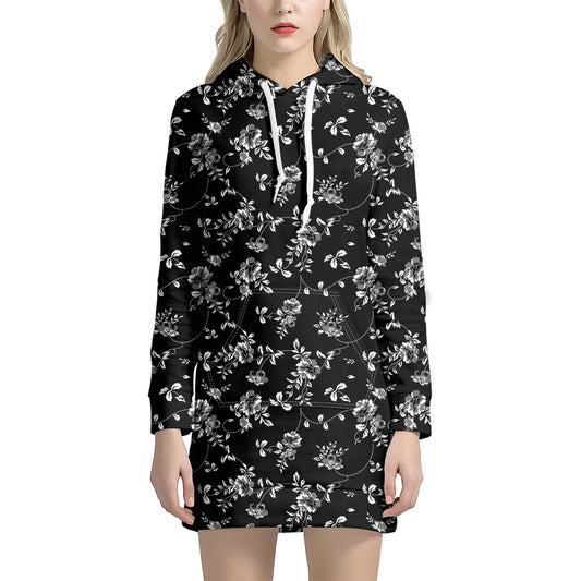 Black And White Flower Print Hoodie Dress