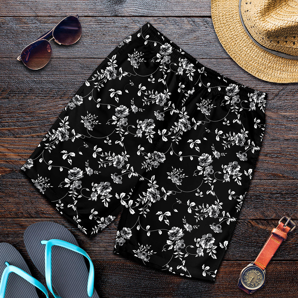 Black And White Flower Print Men's Shorts