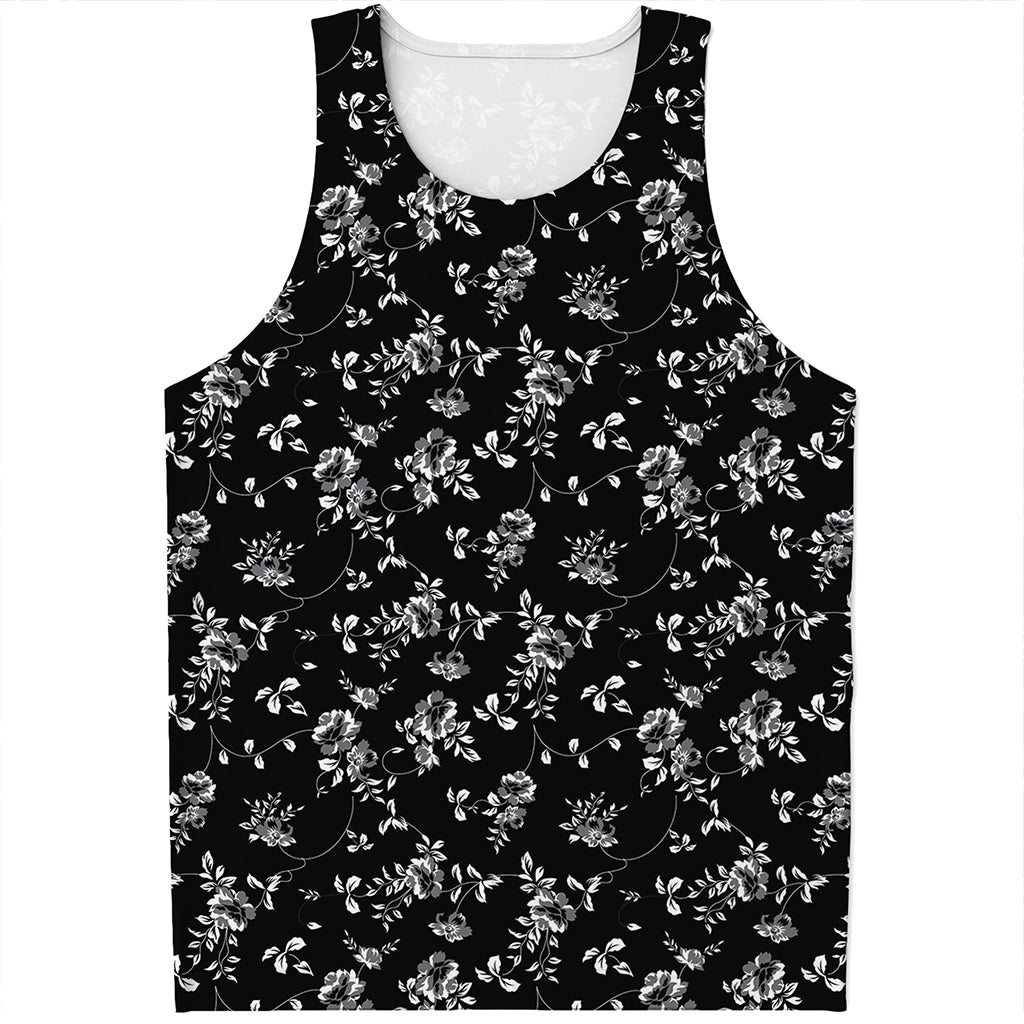 Black And White Flower Print Men's Tank Top