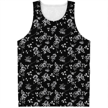 Black And White Flower Print Men's Tank Top