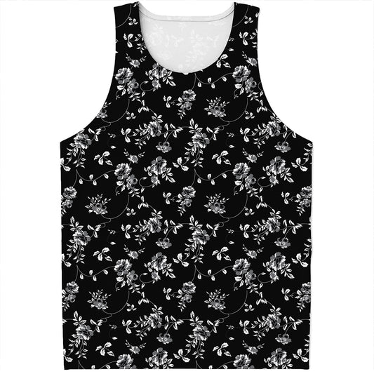 Black And White Flower Print Men's Tank Top