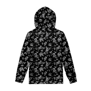 Black And White Flower Print Pullover Hoodie
