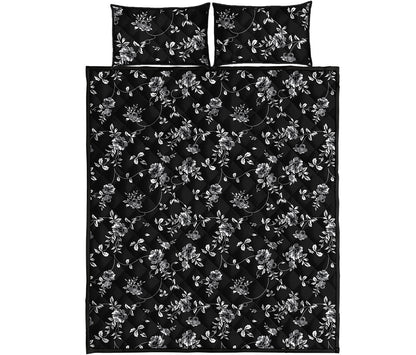 Black And White Flower Print Quilt Bed Set
