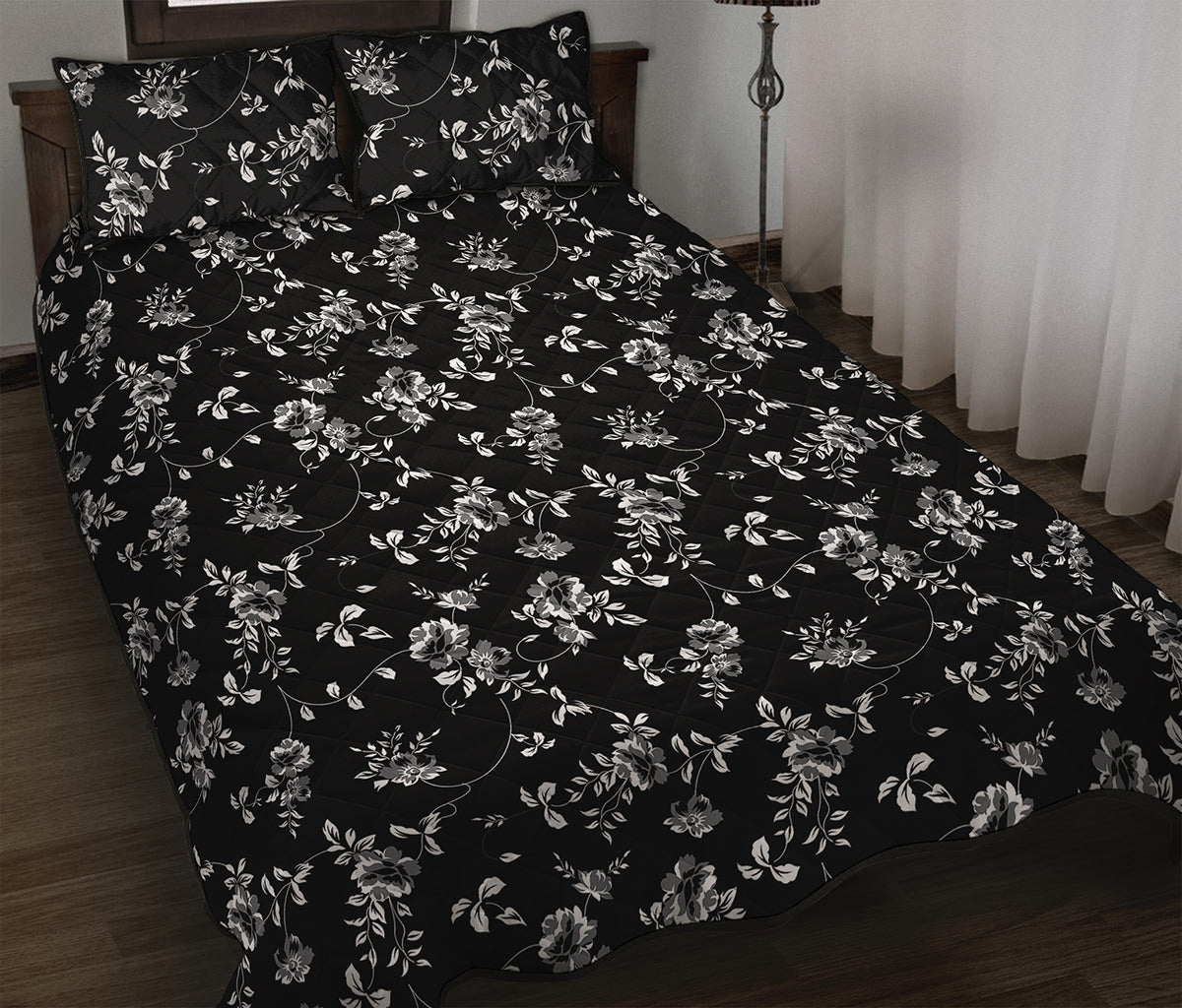 Black And White Flower Print Quilt Bed Set