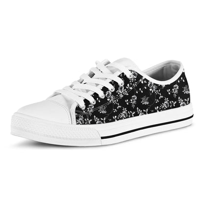 Black And White Flower Print White Low Top Shoes