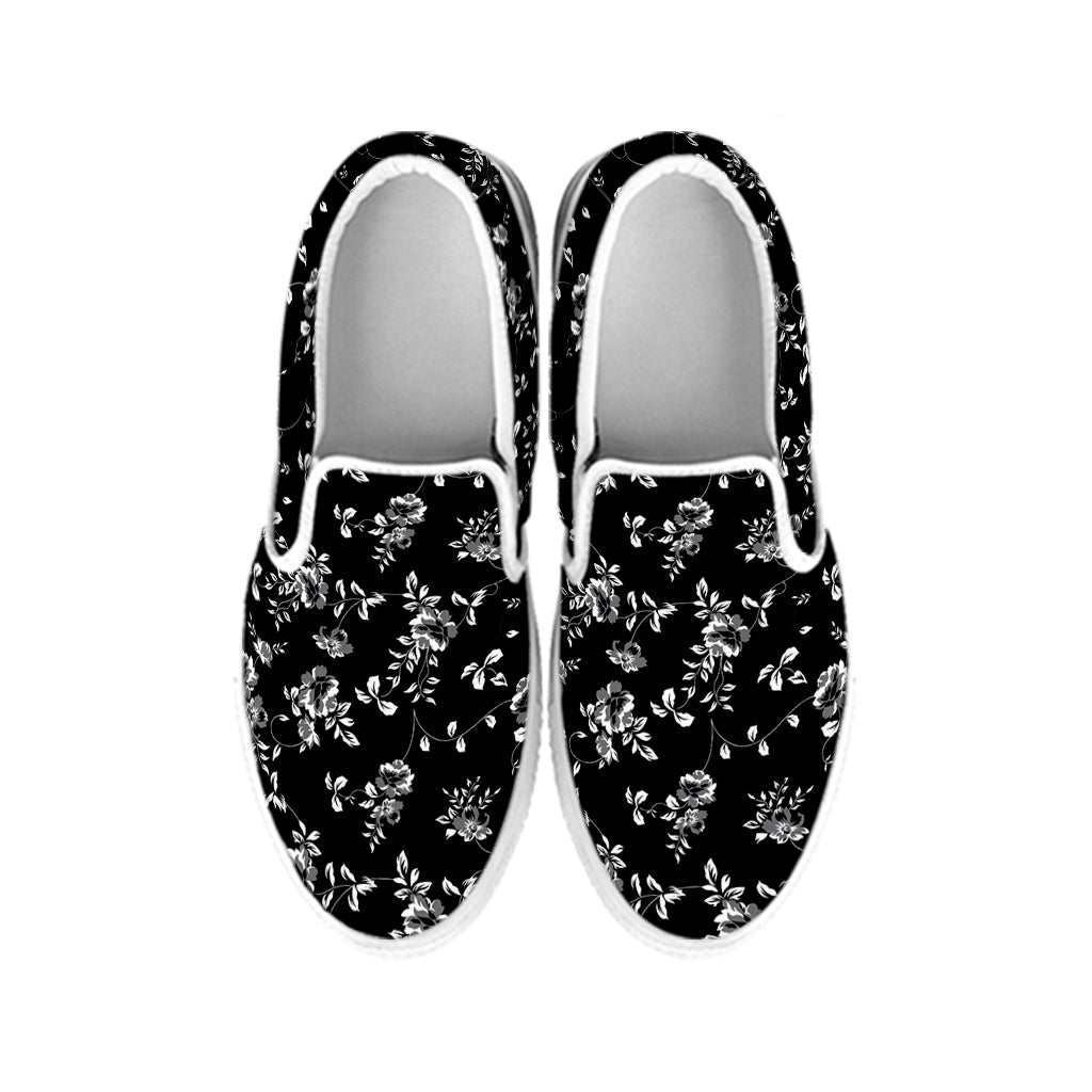 Black And White Flower Print White Slip On Shoes
