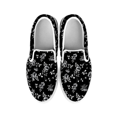Black And White Flower Print White Slip On Shoes