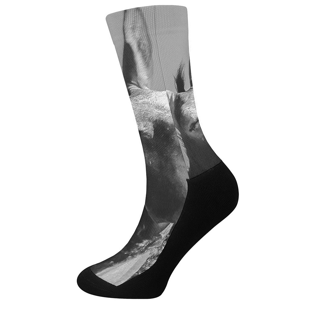 Black And White Funny Donkey Print Crew Socks