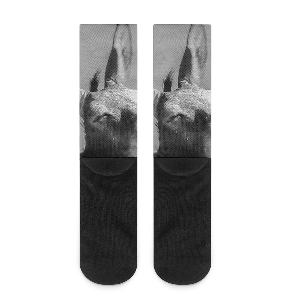 Black And White Funny Donkey Print Crew Socks