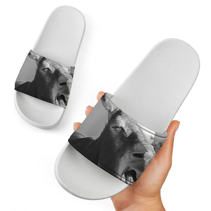 Black And White Funny Donkey Print White Slide Sandals
