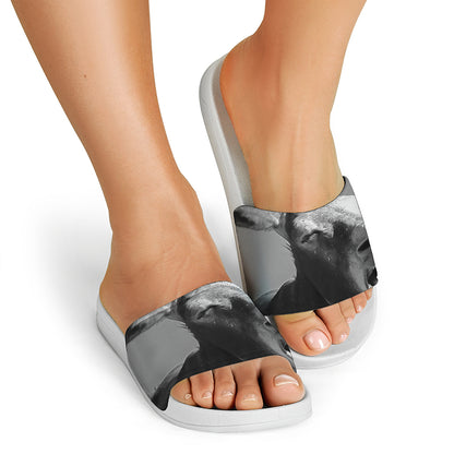 Black And White Funny Donkey Print White Slide Sandals