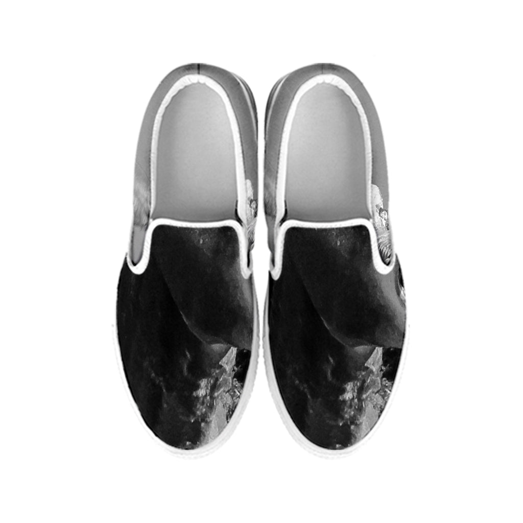Black And White Funny Donkey Print White Slip On Shoes