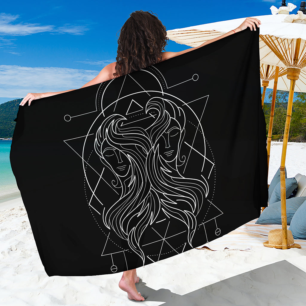 Black And White Gemini Sign Print Beach Sarong Wrap