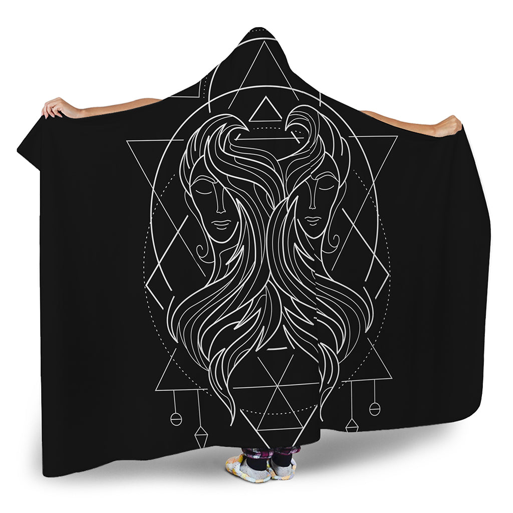 Black And White Gemini Sign Print Hooded Blanket