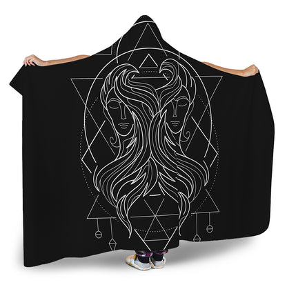 Black And White Gemini Sign Print Hooded Blanket