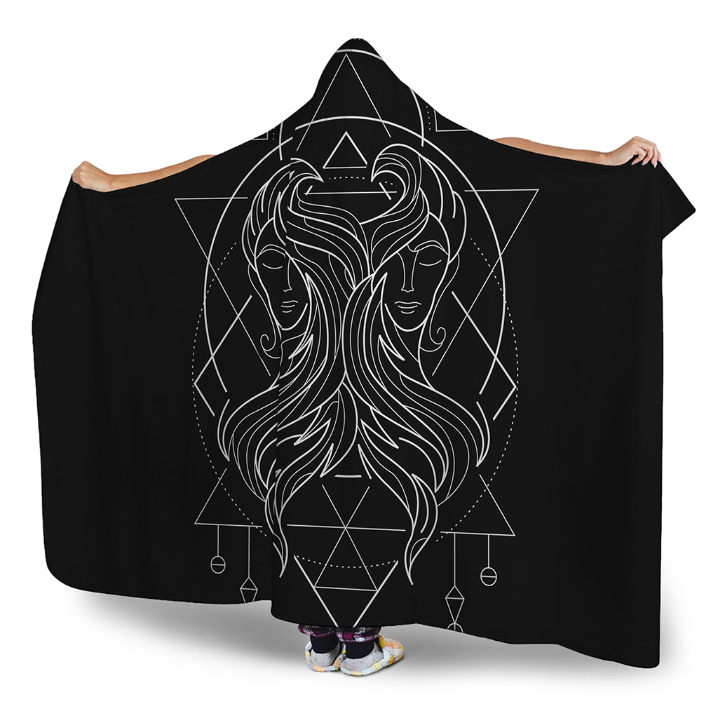 Black And White Gemini Sign Print Hooded Blanket