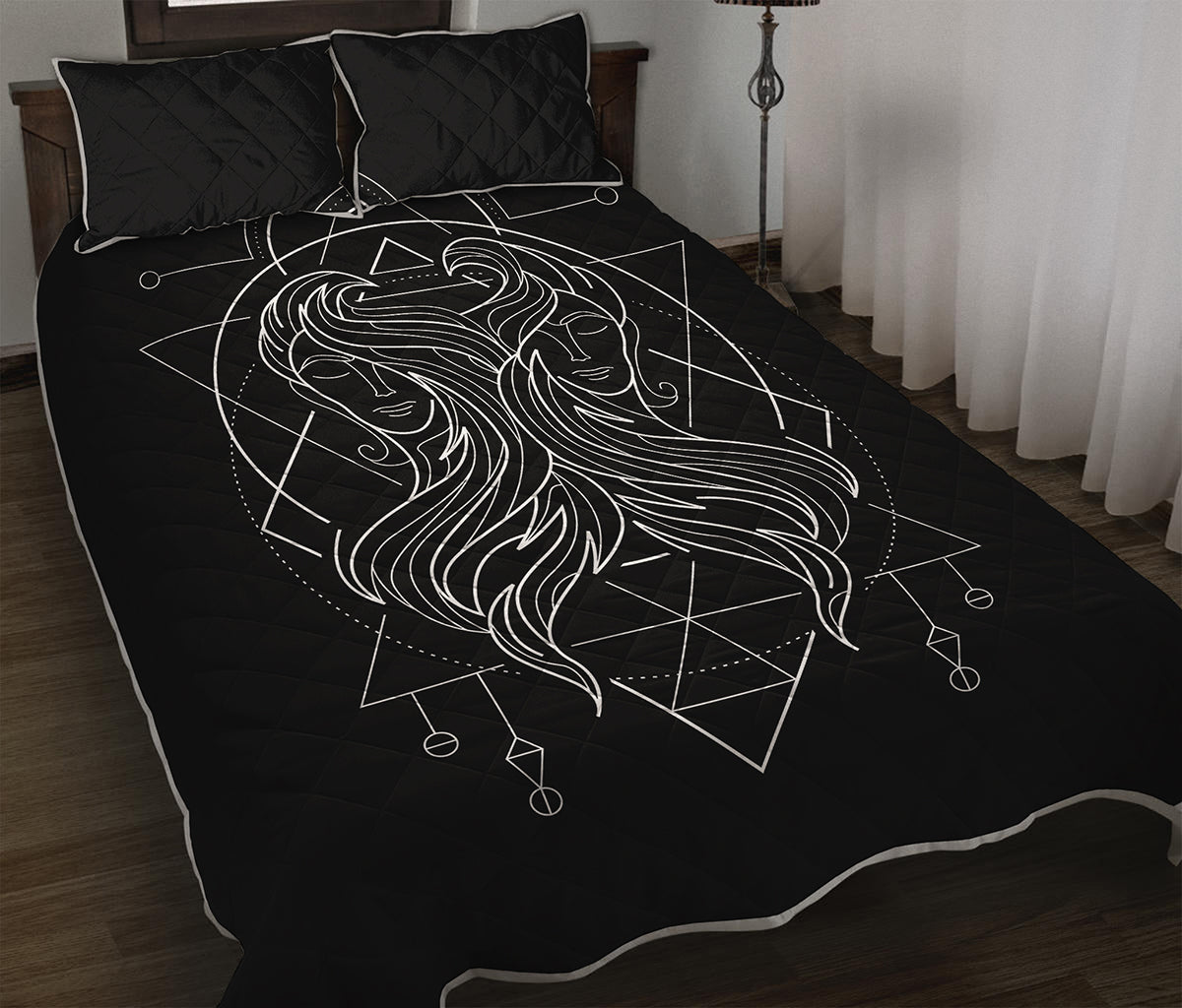 Black And White Gemini Sign Print Quilt Bed Set