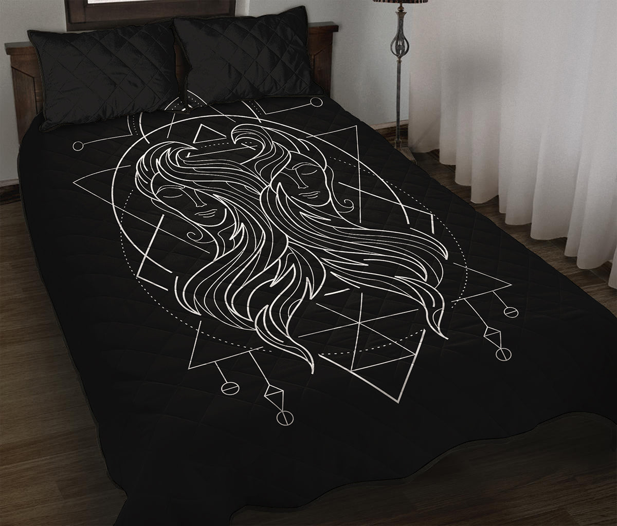 Black And White Gemini Sign Print Quilt Bed Set